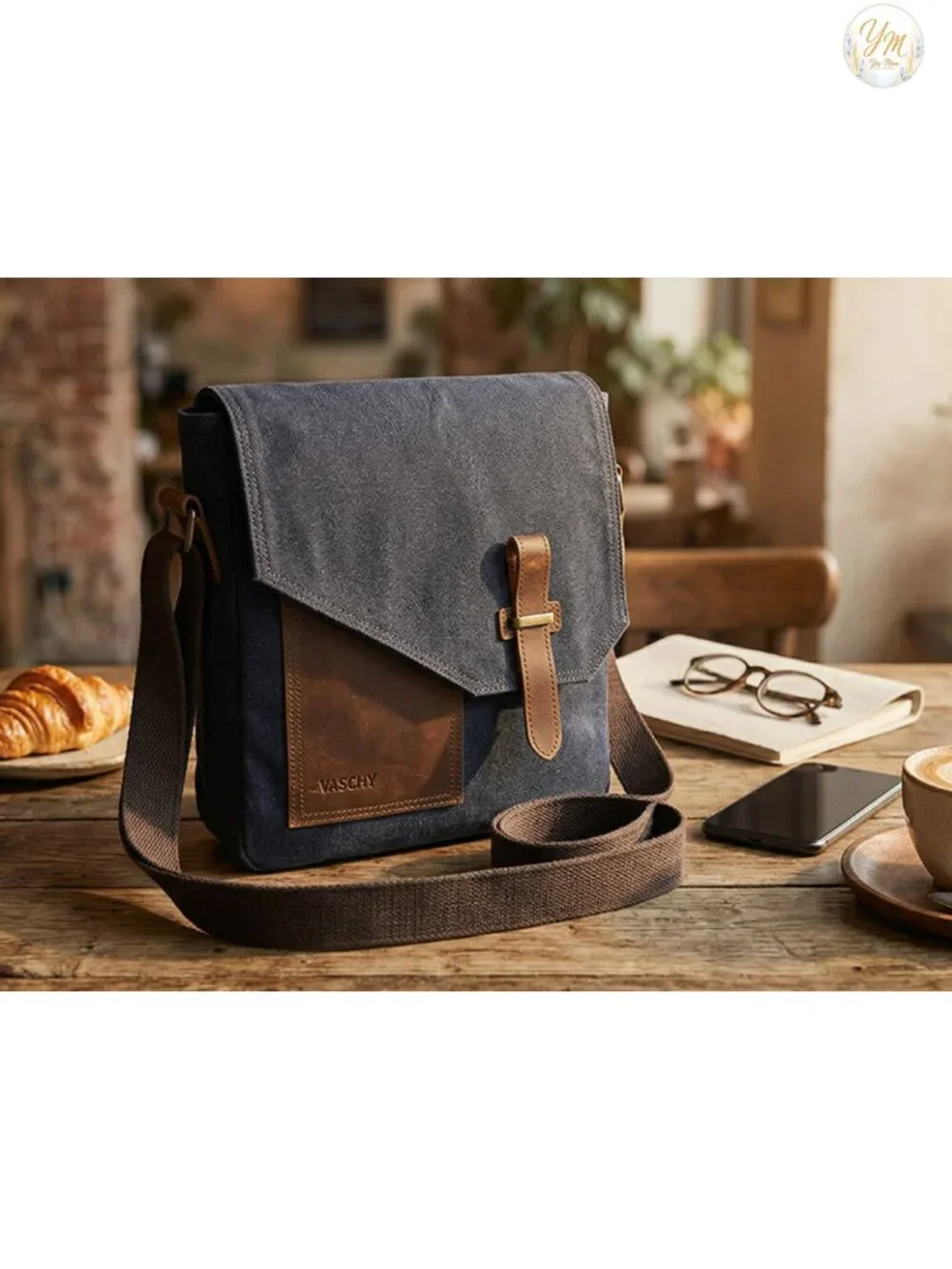 Genuine Leather Canvas Messenger Bag Crossbody Anti-Theft Lightweight